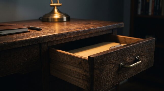 Antique wooden desk with an open drawer containing old documents illuminated by a warm brass desk lamp in a quiet study room during the evening hours