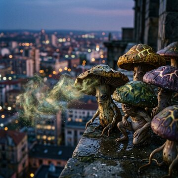 Surreal Mushroom Creatures Gathering on City Rooftop at Sunset
