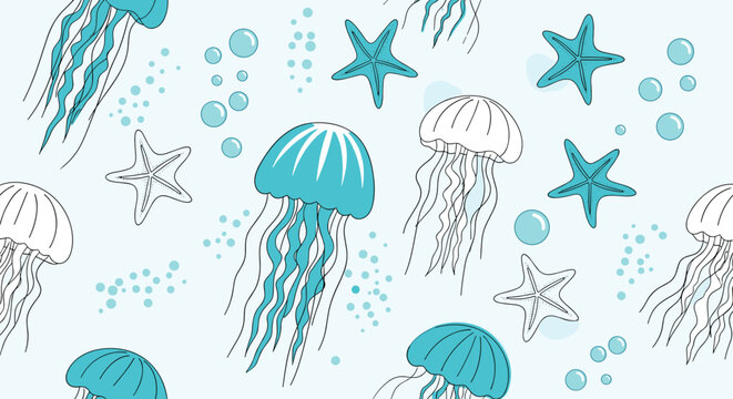 Seamless pattern with blue and white jellyfish and starfish on a light blue background for ocean and sea theme designs.