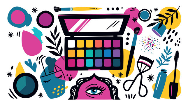 Beauty and makeup UI elements with eyeshadow palette, mascara and brush for mobile app design in bright colorful illustration