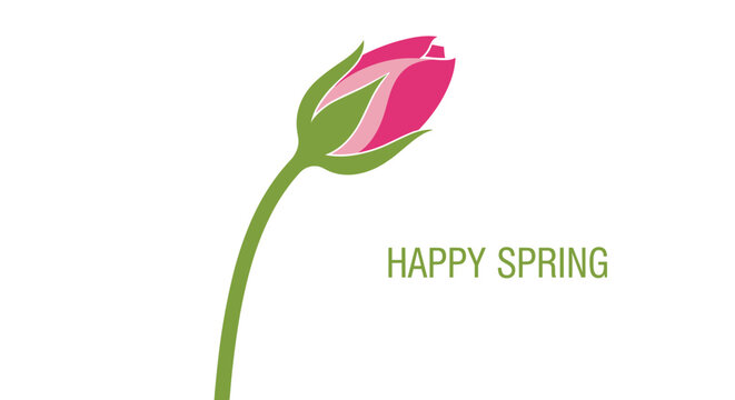 Elegant pink rosebud on a green stem is shown with the text happy spring, welcoming the warm season and floral beauty.