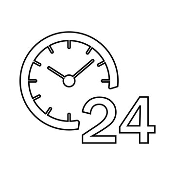 Black outline icon of a clock showing twenty four hours for business service and availability