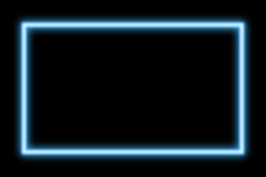 Glowing blue neon light rectangle frame on a dark black background