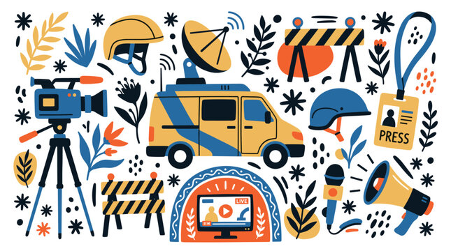 News and media vector icons with satellite van, video camera and microphone for infographic design in colorful illustration