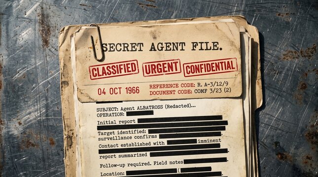 Vintage secret agent dossier featuring redacted text and bold red stamped markings on aged paper held together by a simple metal clip on metallic surface