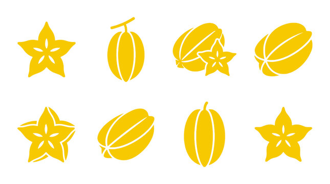 Yellow starfruit carambola fruit icons set.