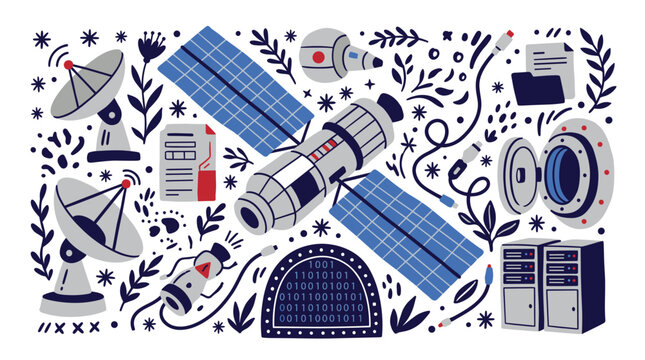 Space and satellite vector icons with solar panel, dish antenna and data server for infographic design in colorful illustration
