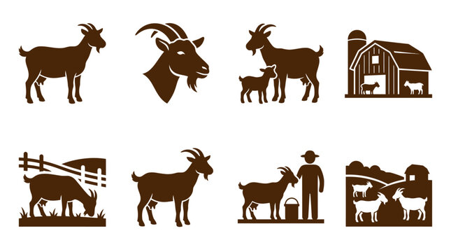 Goat farming and dairy livestock production icon set.