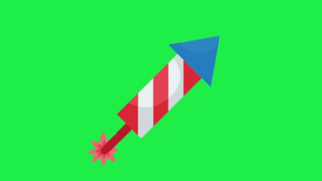 Firecracker rocket striped red white blue flying on green screen, diwali festival firework rocket chroma key animation