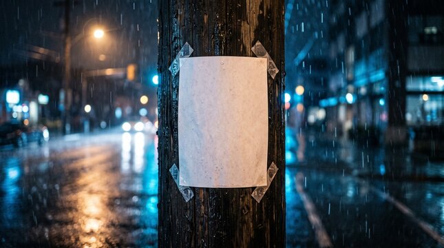 Blank white paper poster taped to a rustic wooden telephone pole during a dark rainy night with glowing city lights reflected on the wet asphalt streets