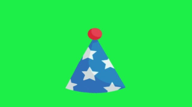 Blue party hat with white stars and red pompom on green screen, birthday celebration cone hat chroma key animation