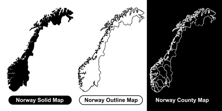 Norway Map Vector Set Featuring Solid Silhouette Outline and Detailed County Borders