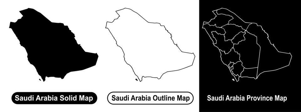Saudi Arabia map vector set featuring solid silhouette outline contour and regional province administrative borders on black and white backgrounds