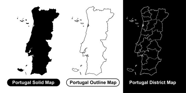 Portugal map vector set featuring solid silhouette outline contour and regional district administrative borders on black and white backgrounds