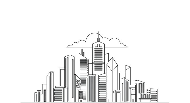 Minimalist black outline drawing of a modern city skyline with a central cloud behind the tallest main tower.