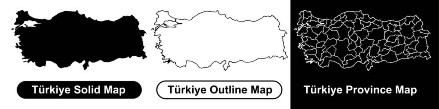 Turkey map vector set featuring solid silhouette outline contour and regional province administrative borders on black and white backgrounds