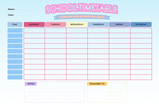 Weekly school timetable template with editable class schedule planner. Three color variations school table template