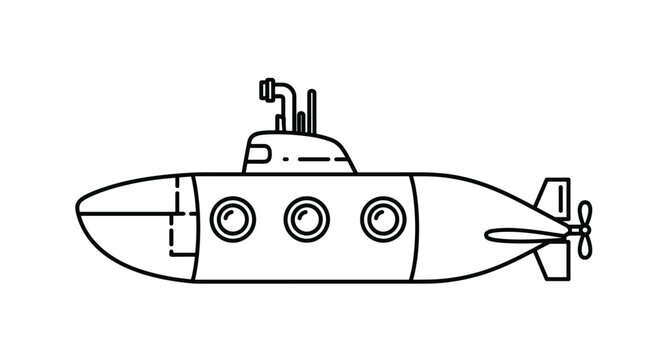 Technical line art illustration of a research submarine with portholes and a periscope for educational or coloring projects.