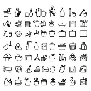 Household chores icons set with a 6x4 grid of simple black and white line icons featuring cleaning, cooking, gardening, management with flat vector and minimalist style