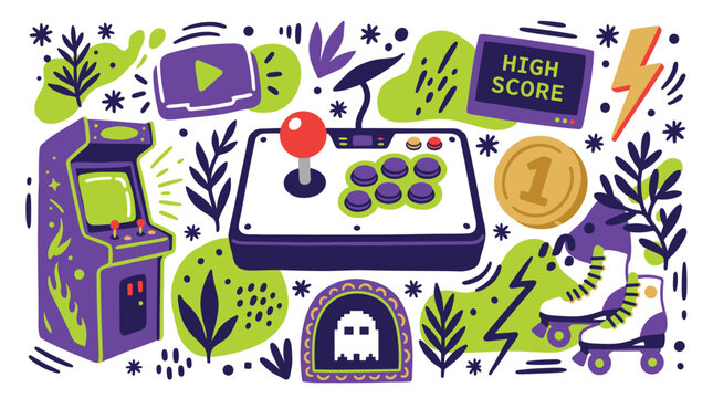 Retro gaming and entertainment vector icons with arcade machine, joystick and roller skates for mobile app design in colorful doodle style