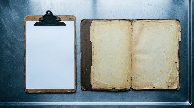 An old weathered open book with yellowed pages sits beside a wooden clipboard holding a blank white sheet of paper on a cold metallic surface