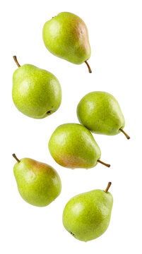 Green pears falling isolated on transparent background