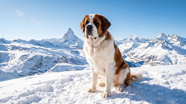 St. Bernard in the snowy mountains