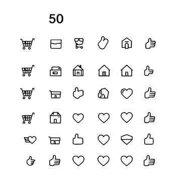 Icons set with simple monochromatic 10x5 grid of diverse symbols featuring shopping cart, house, thumbs up, heart icons with vector and illustration