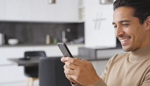 Smiling man using a smartphone in a modern kitchen. Happy Hispanic male texting on mobile phone at home. Communication and technology concept