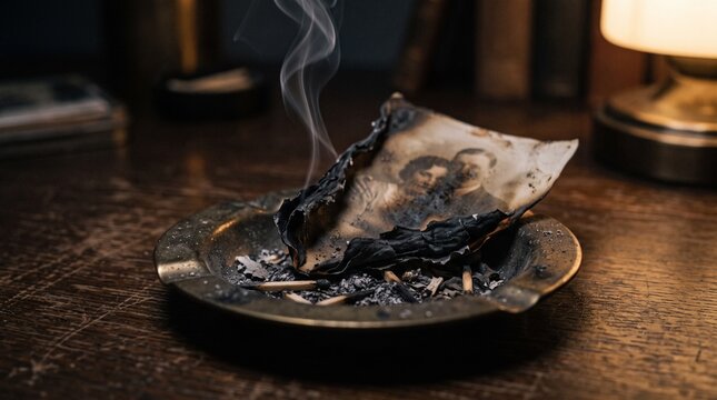 Vintage photograph of a couple burning inside a dark brass ashtray with rising smoke curls and scattered matchsticks creating a somber and melancholic atmosphere today