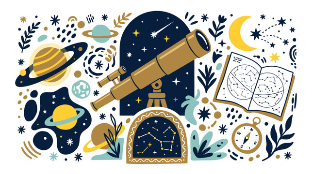Astronomy and space vector icons with telescope, planets and star chart for presentation design in hand drawn vector art