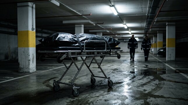 Black body bag resting on a metal medical stretcher in an underground parking garage with two blurry emergency responders walking towards the exit in the distance