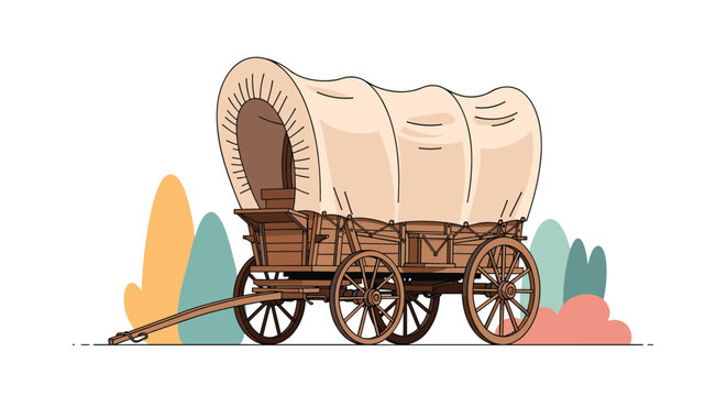 Pioneer covered wagon made of dark wood with a canvas top positioned in front of simple pastel-colored trees and bushes.