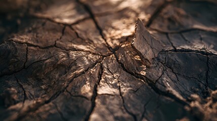 Fototapeta premium Sun-cracked dried clay texture with radiating fissures macro