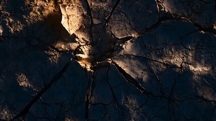 Fototapeta premium Dramatic cracked clay slab with single lit shard in shadow