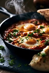 Fototapeta premium Shakshuka simmering in cast iron skillet with torn flatbread