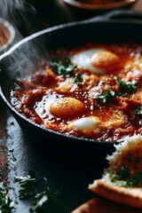 Fototapeta premium Macro close-up of poached eggs in shakshuka with steam rising
