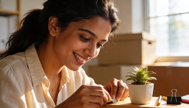Smiling South Asian woman working in a small business. Female entrepreneur packing a cardboard box in a home office. E-commerce shipping and fulfillment concept