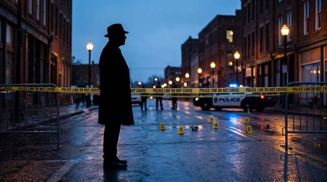 Silhouette of a mysterious detective standing behind yellow caution tape at a crime scene during the dark evening hours in a quiet empty city street