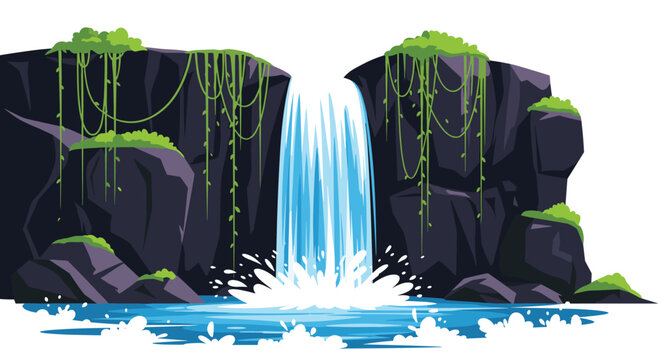 Beautiful natural waterfall cascading down rocky cliffs covered in lush hanging vines into a blue splash pool below.