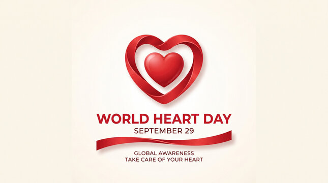 World heart day september 29 red ribbon heart symbol global awareness take care your heart.