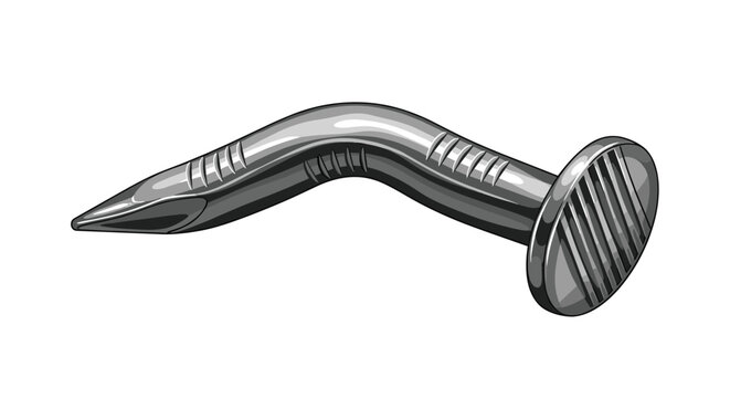 Single metallic bent iron nail showing detailed metallic reflections and textures isolated on a white background.