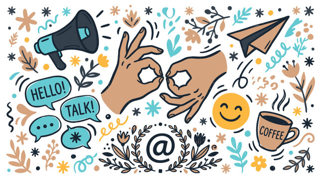 Communication and interaction concept icons with megaphone, hands and coffee cup for social media marketing in colorful style