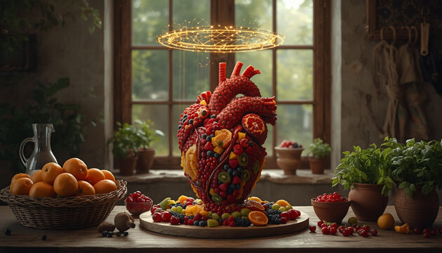 Heart organ crafted entirely from fresh mixed fruits placed on wooden table setting rustic kitchen interior with glowing golden halo light.