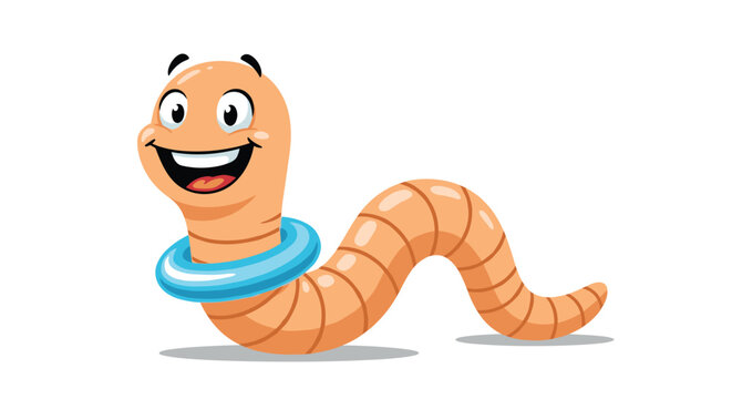 Cheerful cartoon earthworm wearing a blue swimming ring smiles happily while crawling across a white background.