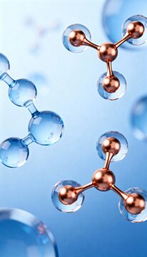 Vertical 3D rendering of copper peptide molecular structures. Abstract scientific background with metallic atoms and blue molecules for skincare and biotechnology research