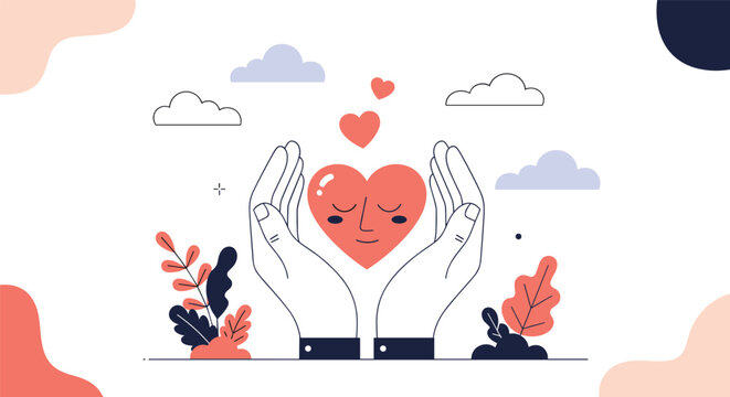 Two hands gently holding a cute pink heart character with closed eyes, representing self-care, love, and mental health.