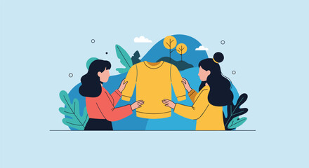 Fototapeta premium Two young women choosing or holding a yellow sweater while shopping for second-hand clothes at a thrift store.