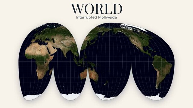 Goode interrupted Mollweide map projection of rotating Earth. Topography and graticule lines overlay atlas style. Seamless loop. 4K resolution. Elements derived from NASA imagery.
