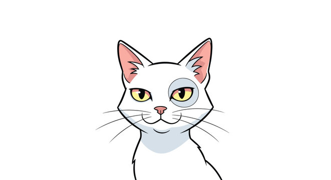 Close up portrait of a white cat with a grey fur patch around its left eye looking forward on a white background.